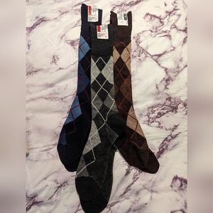 Three pairs of argye long wool socks, brown, blue & grey.